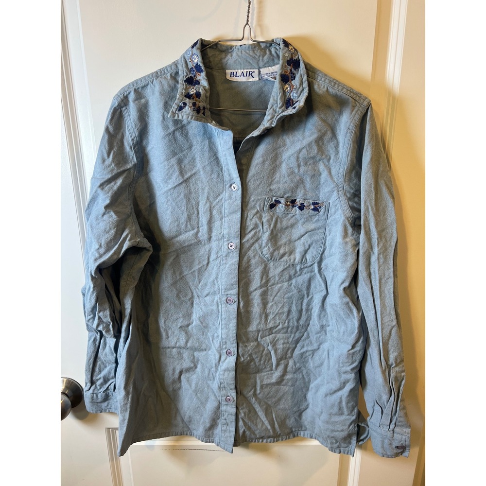 Blair Womens Button Down Shirt Floral Embroidered Collar Blue Large‎